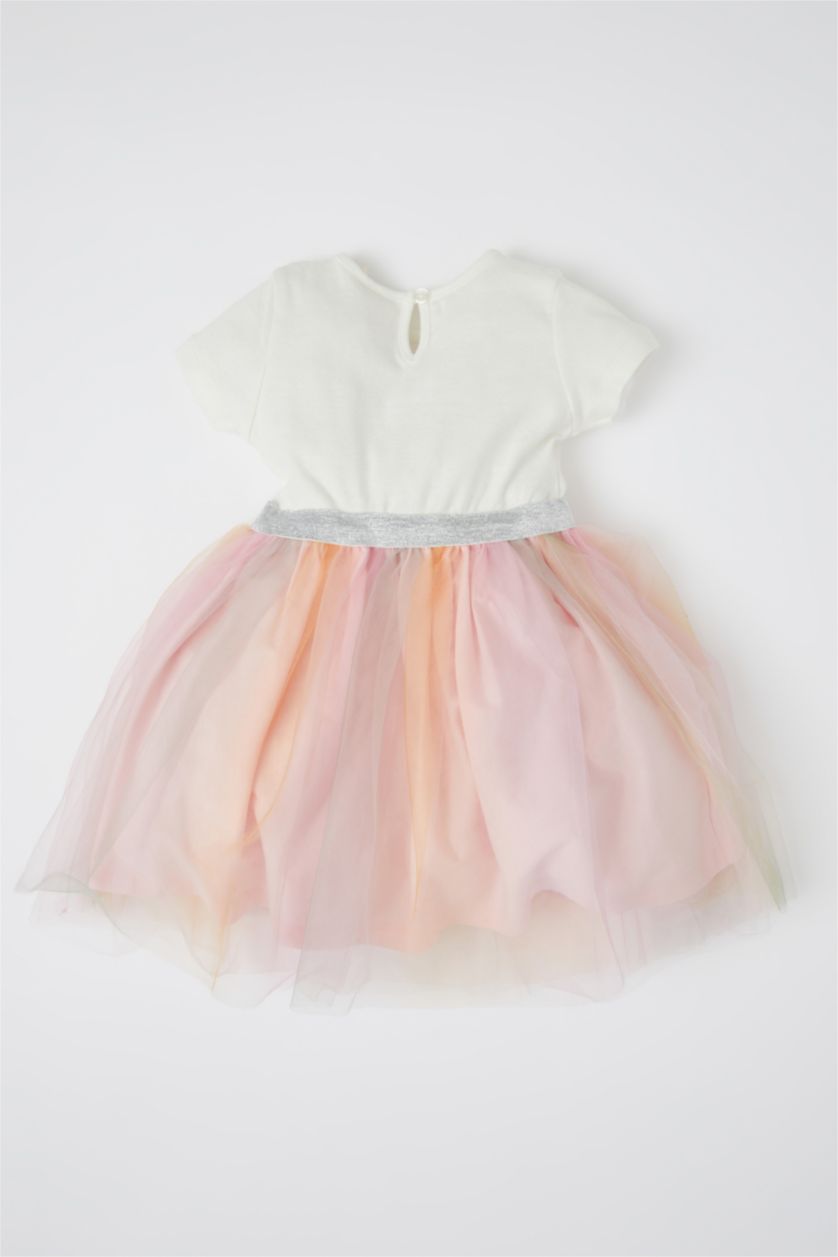 BABY GIRL Beige Baby Girl Unicorn Printed Short Sleeve Tulle Detailed Combed Cotton Summer Dress