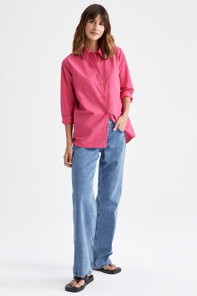 FEMME Rose Col De Chemise Manche Longue Popeline Chemise À Manches Longues En Tricot