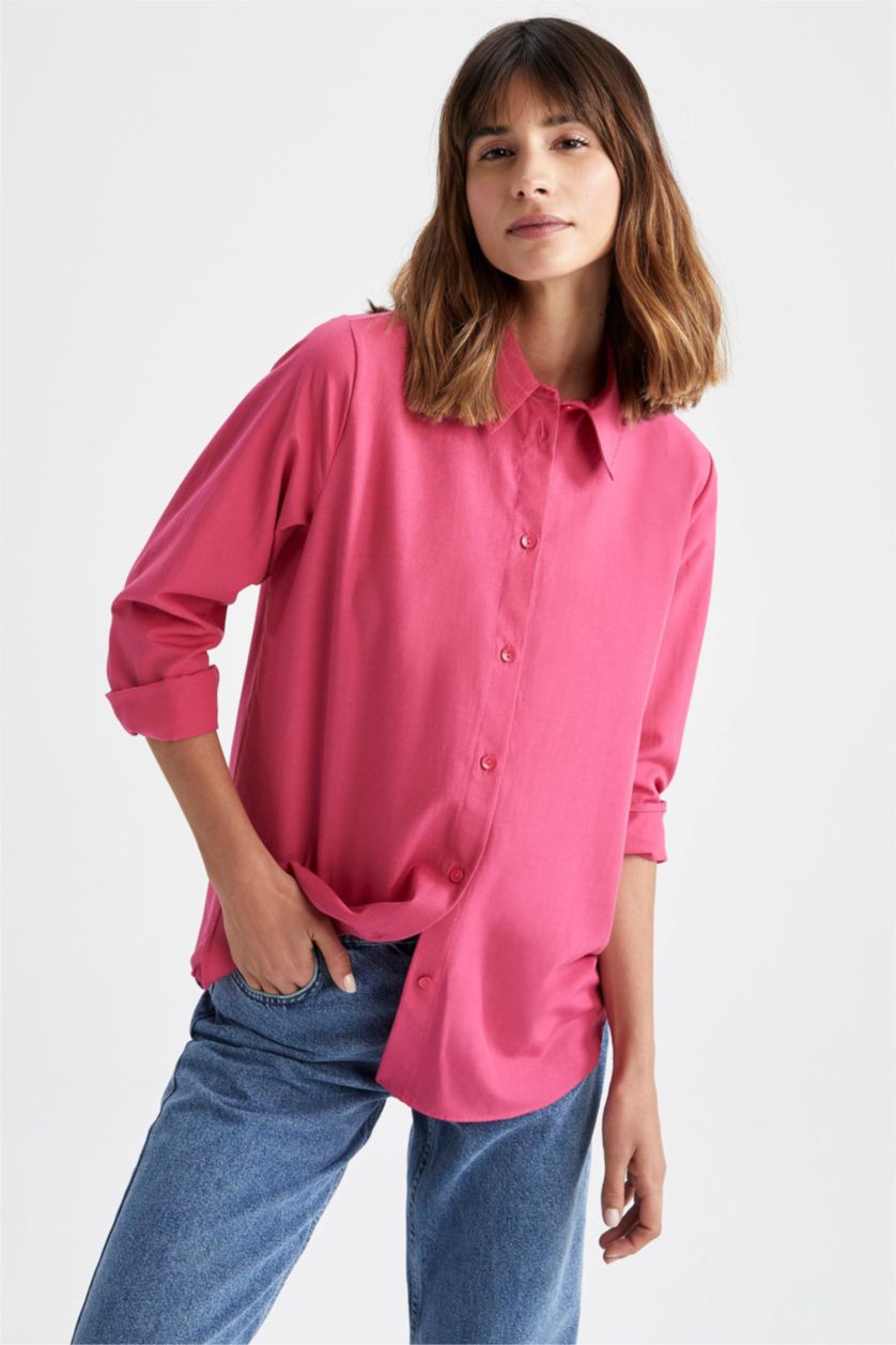 FEMME Rose Col De Chemise Manche Longue Popeline Chemise À Manches Longues En Tricot