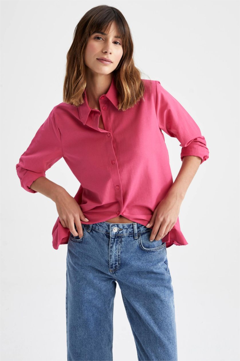 FEMME Rose Col De Chemise Manche Longue Popeline Chemise À Manches Longues En Tricot