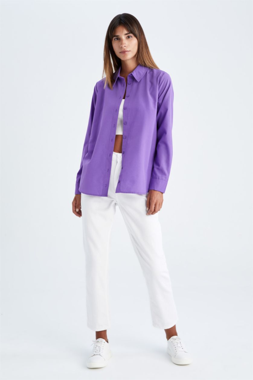 WOMAN Purple Oversize Fit Shirt Collar Poplin Long Sleeve Shirt