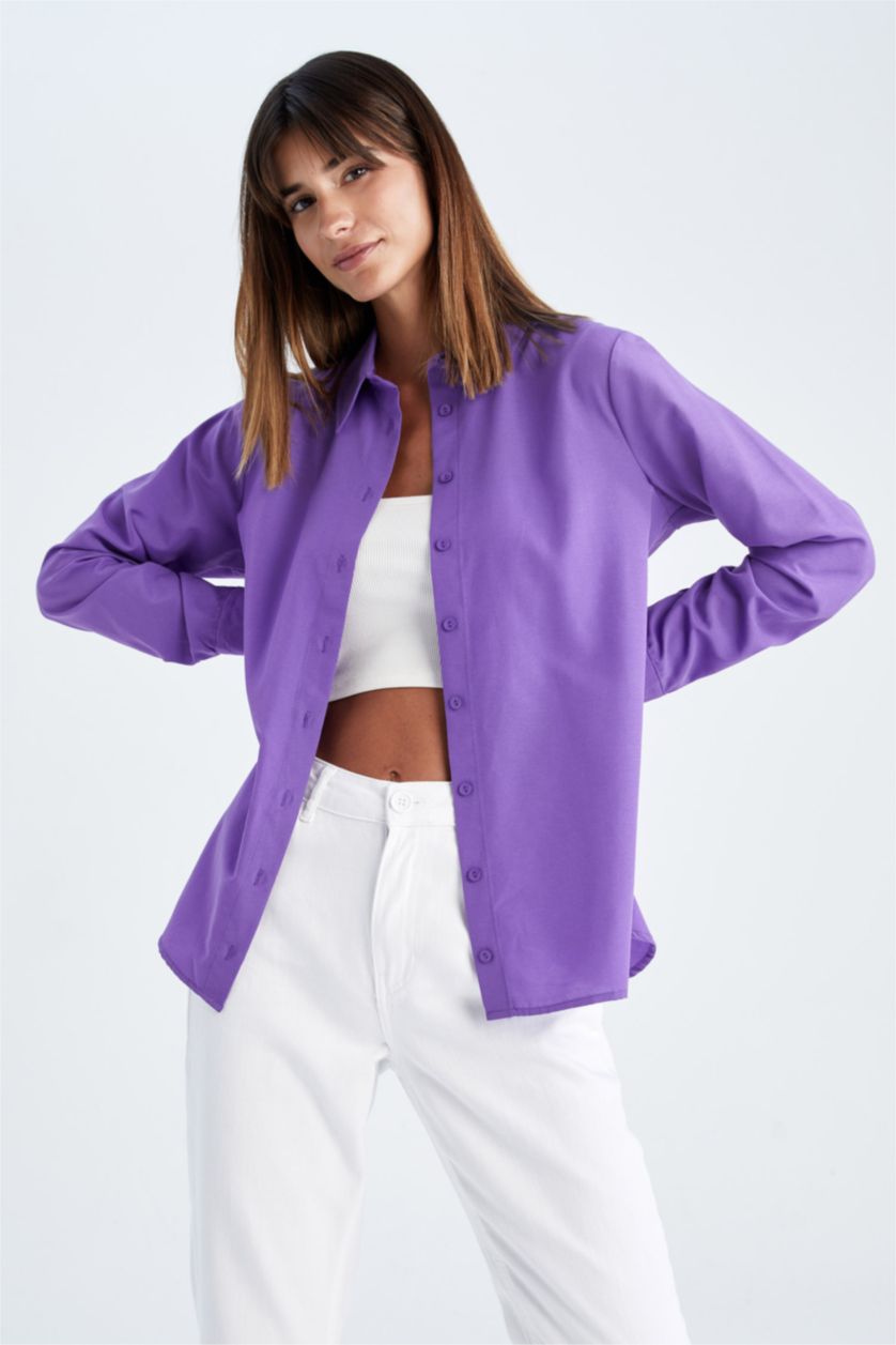 WOMAN Purple Oversize Fit Shirt Collar Poplin Long Sleeve Shirt