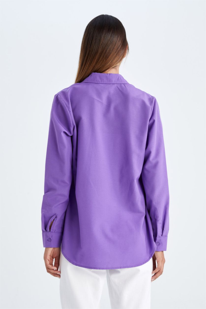 WOMAN Purple Oversize Fit Shirt Collar Poplin Long Sleeve Shirt