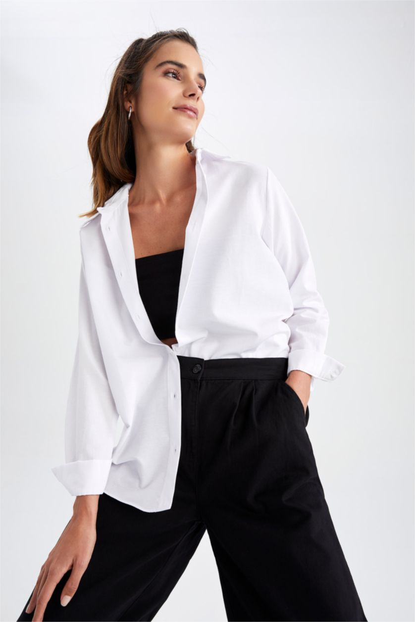 FEMME Blanc Col De Chemise Manche Longue Popeline Chemise À Manches Longues En Tricot