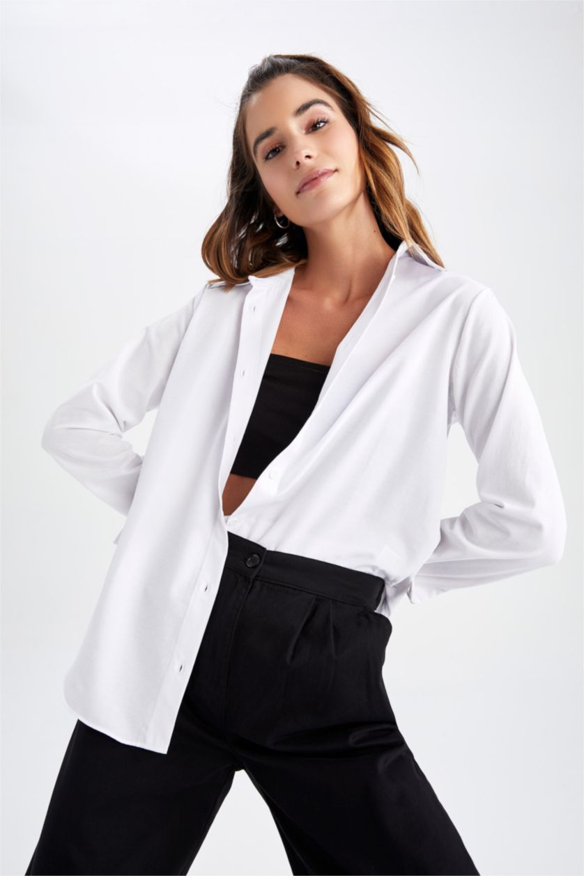 FEMME Blanc Col De Chemise Manche Longue Popeline Chemise À Manches Longues En Tricot