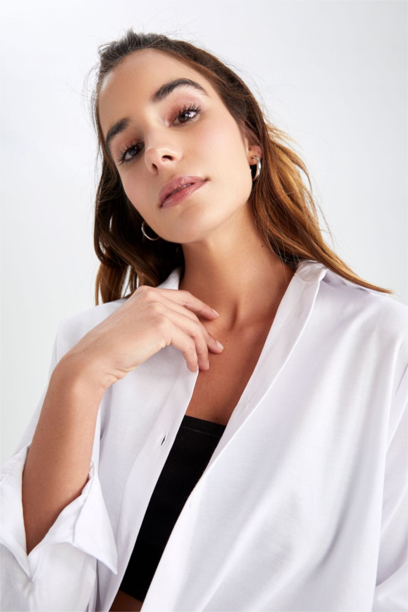 FEMME Blanc Col De Chemise Manche Longue Popeline Chemise À Manches Longues En Tricot