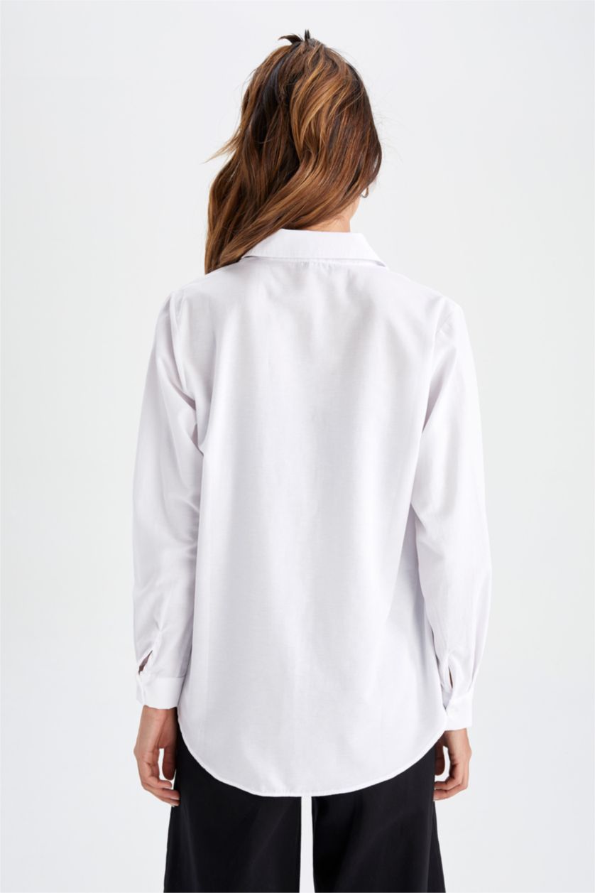 FEMME Blanc Col De Chemise Manche Longue Popeline Chemise À Manches Longues En Tricot