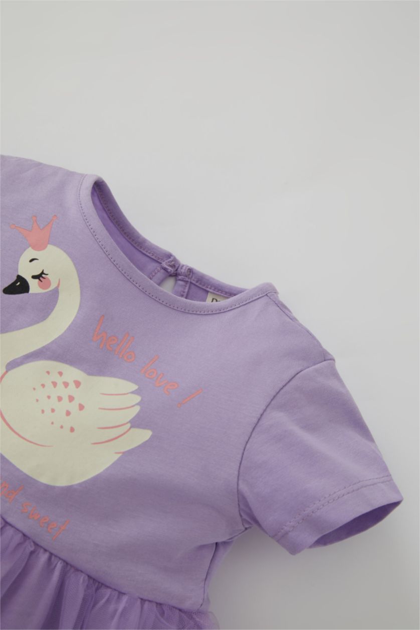 BABY GIRL Light Pink Baby Girl Princess Swan Printed Short Sleeve Tulle Dress