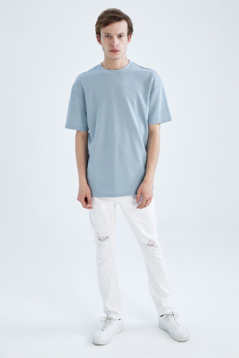 رجالي أزرق فاتح تي شيرت كومفورت فيت بيزيك بأكمام قصيرة وياقة دائرية