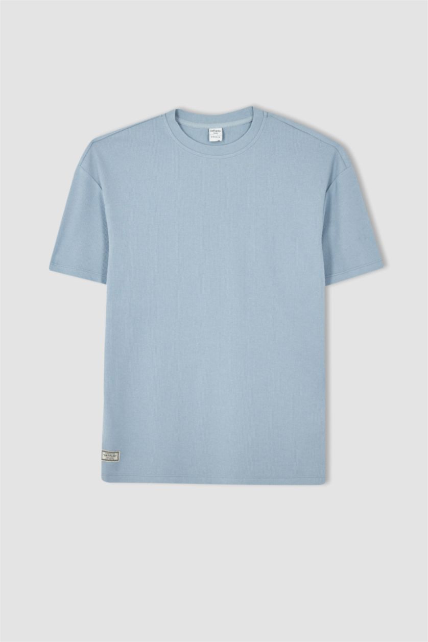 رجالي أزرق فاتح تي شيرت كومفورت فيت بيزيك بأكمام قصيرة وياقة دائرية