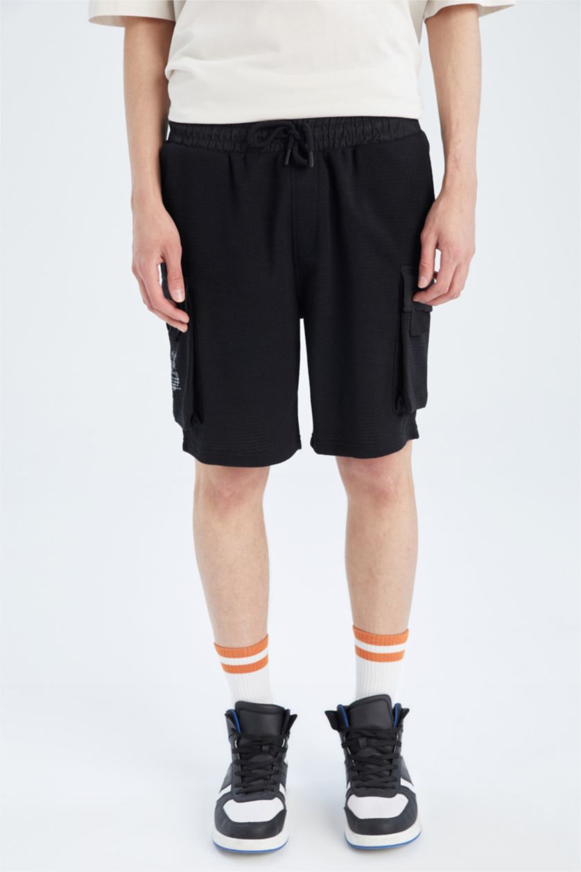 HOMME Noir Poche À Rabat Tissu Sweat Fin Short En Tricot