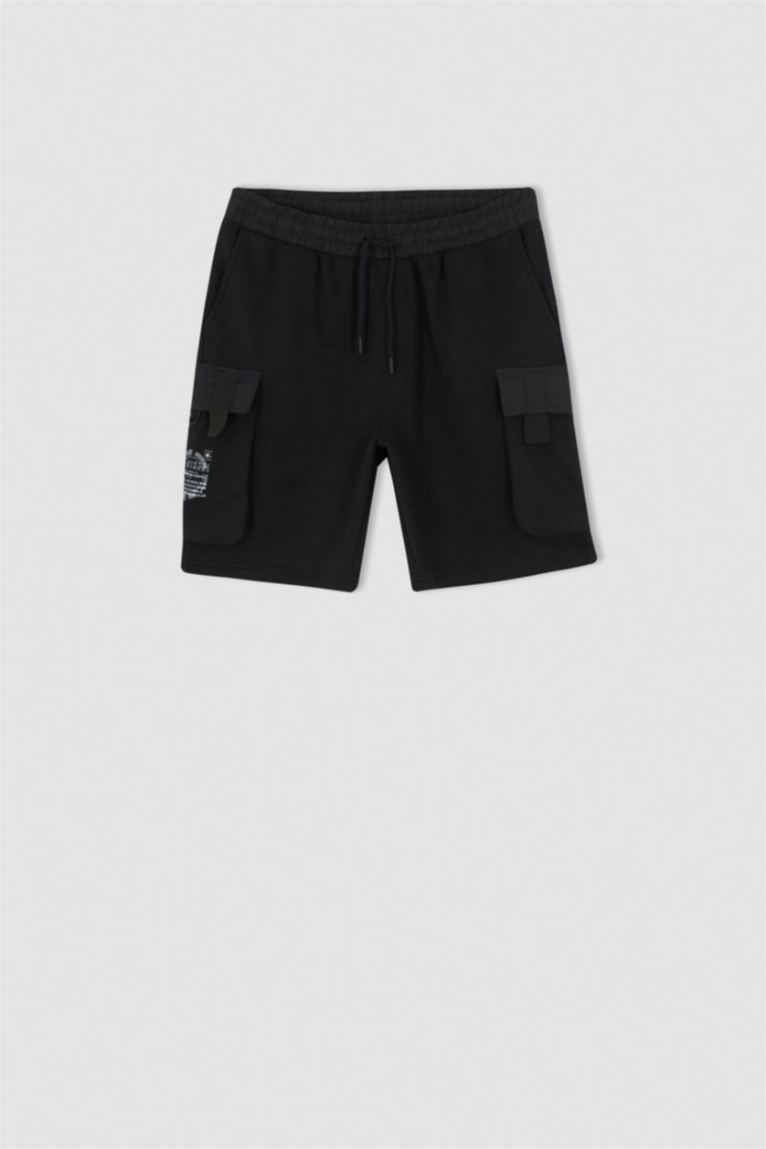 HOMME Noir Poche À Rabat Tissu Sweat Fin Short En Tricot