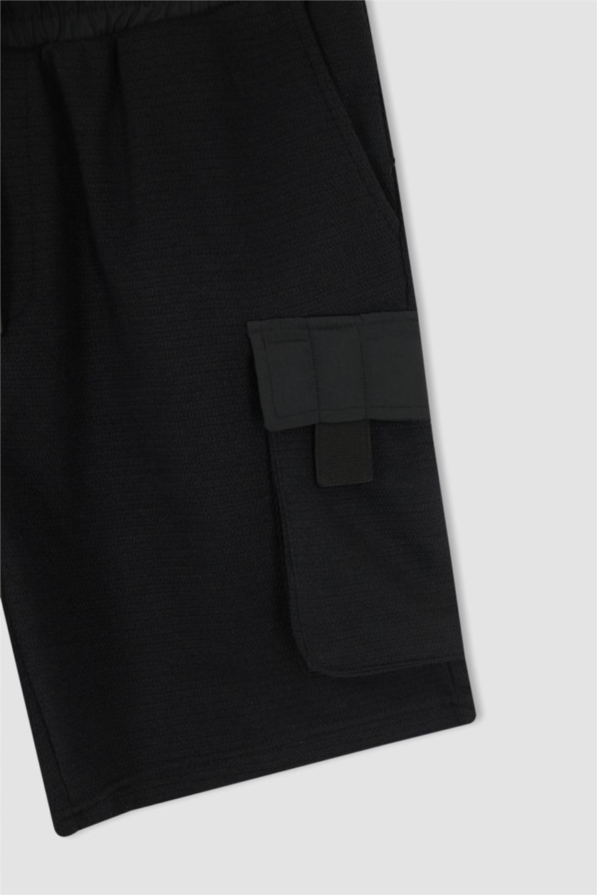 HOMME Noir Poche À Rabat Tissu Sweat Fin Short En Tricot