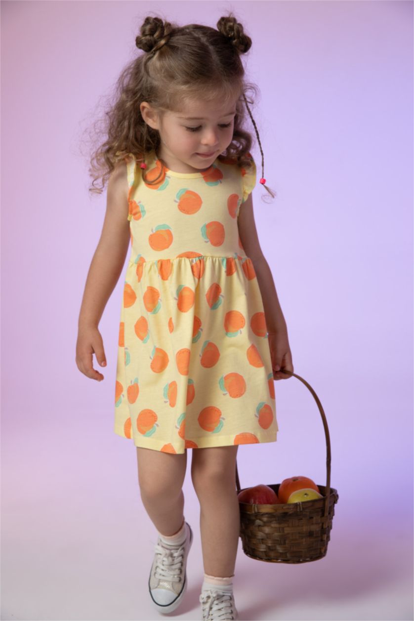 BABY GIRL Light Yellow Baby Girl Orange Patterned Sleeveless 2 Piece Cotton Cotton Dress