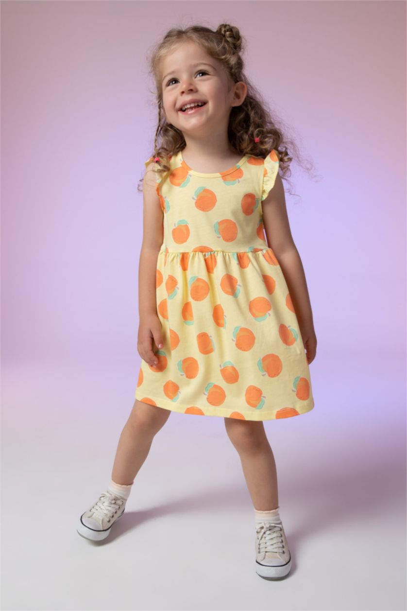 BABY GIRL Light Yellow Baby Girl Orange Patterned Sleeveless 2 Piece Cotton Cotton Dress