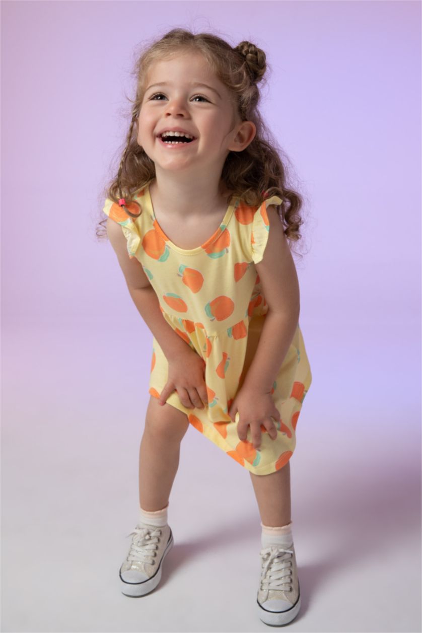 BABY GIRL Light Yellow Baby Girl Orange Patterned Sleeveless 2 Piece Cotton Cotton Dress