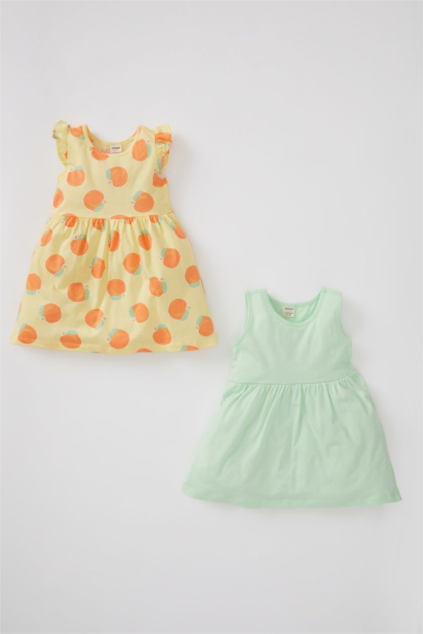BABY GIRL Light Yellow Baby Girl Orange Patterned Sleeveless 2 Piece Cotton Cotton Dress