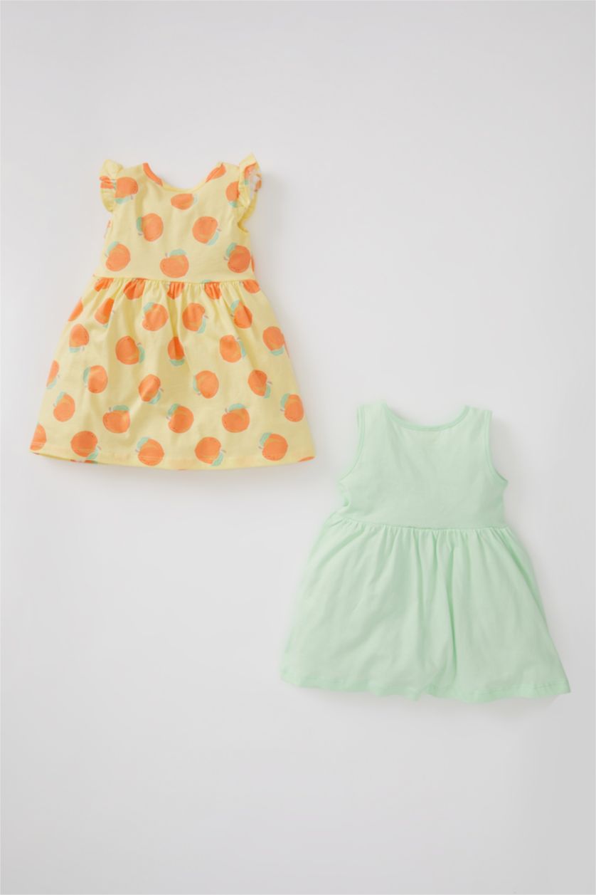 BABY GIRL Light Yellow Baby Girl Orange Patterned Sleeveless 2 Piece Cotton Cotton Dress