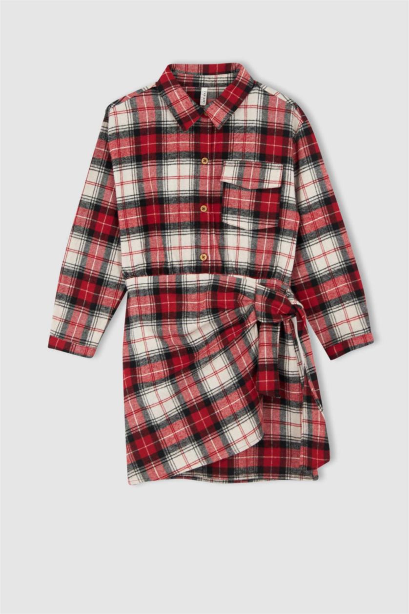 GIRLS & TEENS Red Girl Long Sleeve Check Print Flannel Shirt Dress