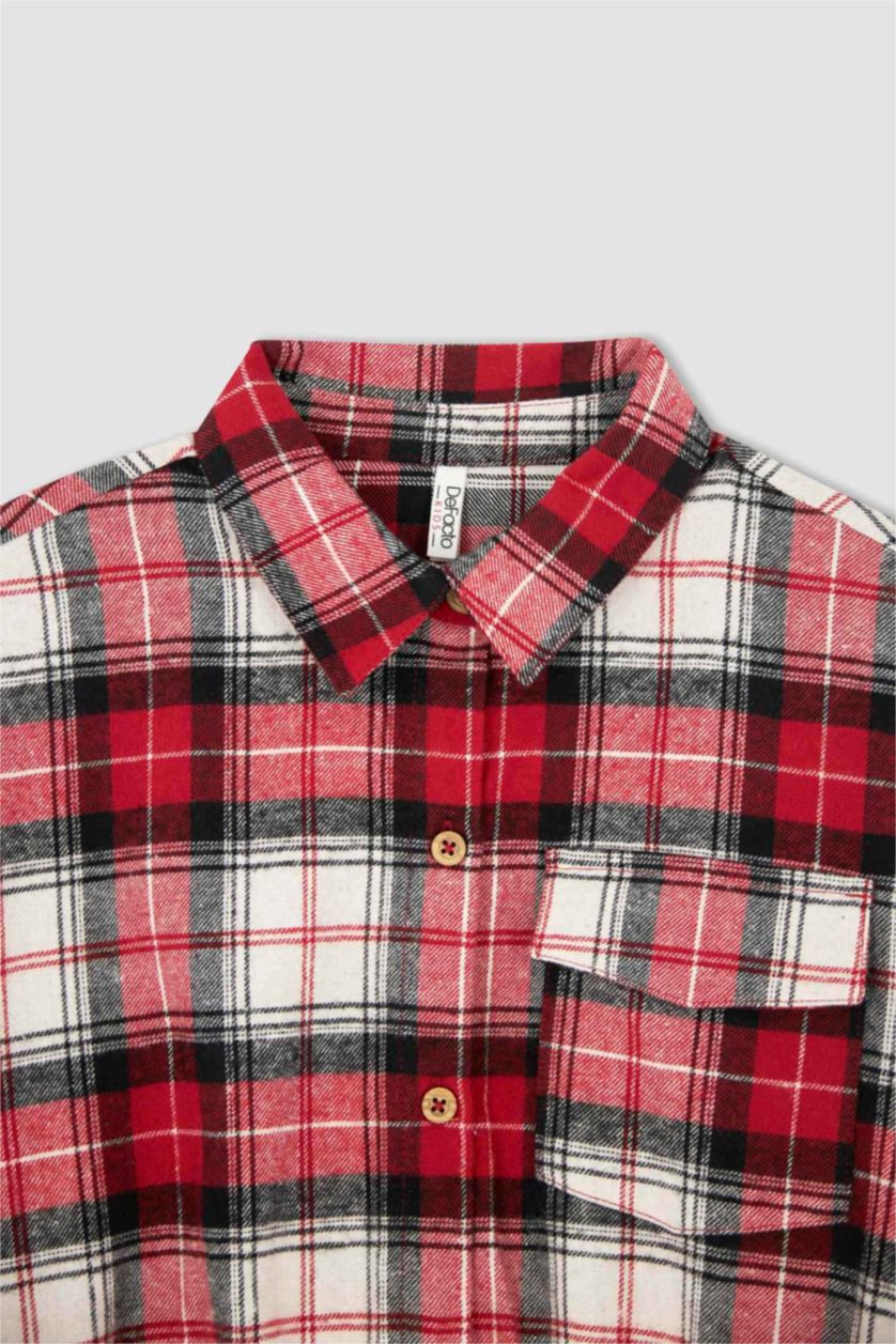 GIRLS & TEENS Red Girl Long Sleeve Check Print Flannel Shirt Dress