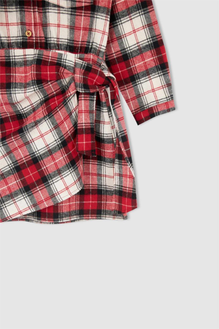 GIRLS & TEENS Red Girl Long Sleeve Check Print Flannel Shirt Dress