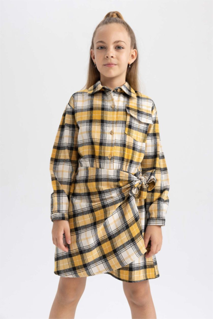 FILLES Jaune Robe chemise en flanelle à manches longues et col polo pour fille