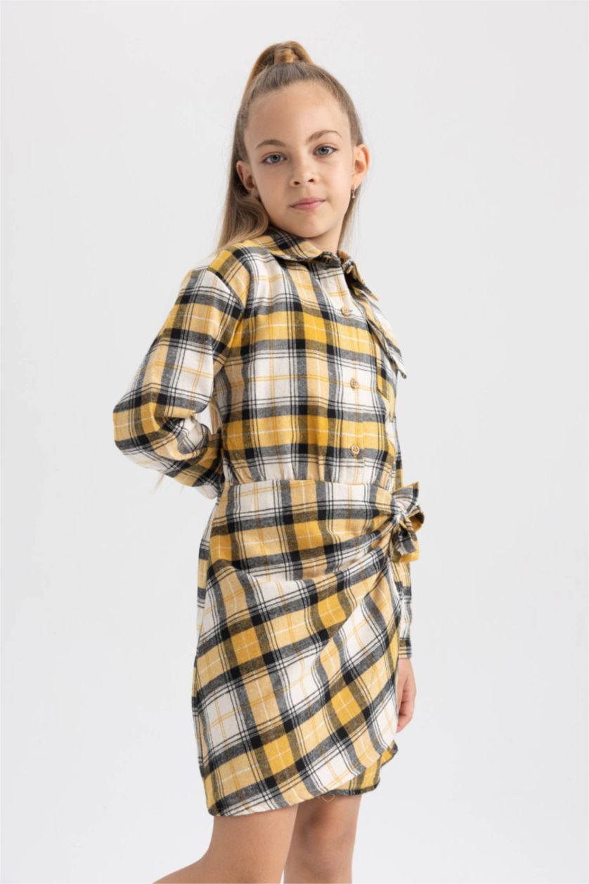 FILLES Jaune Robe chemise en flanelle à manches longues et col polo pour fille