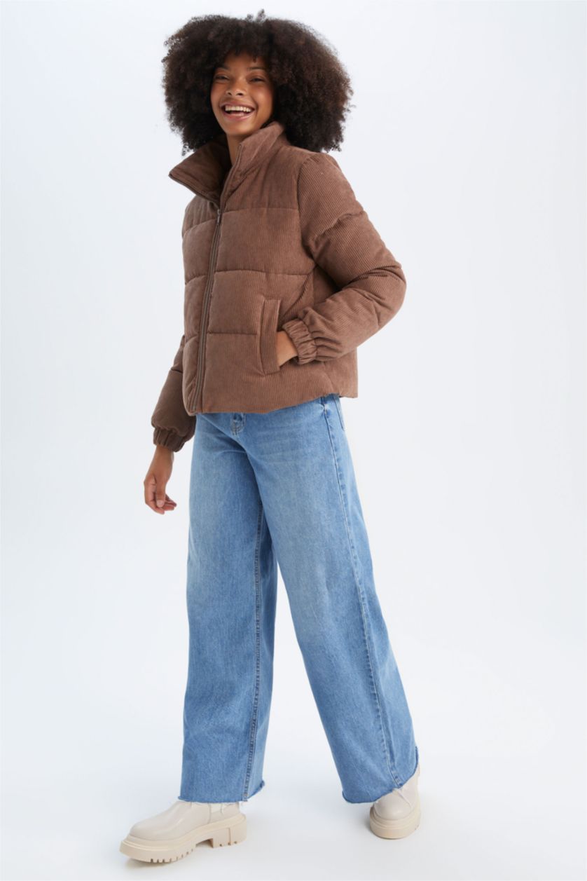 Woman Brown Relax Fit Velvet Puffer Jacket