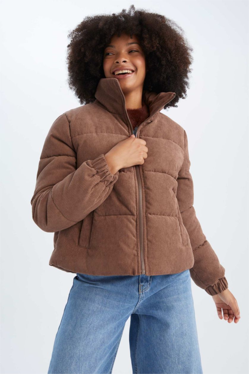 Woman Brown Relax Fit Velvet Puffer Jacket