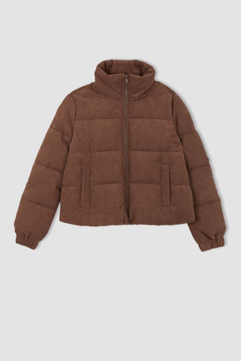 Woman Brown Relax Fit Velvet Puffer Jacket