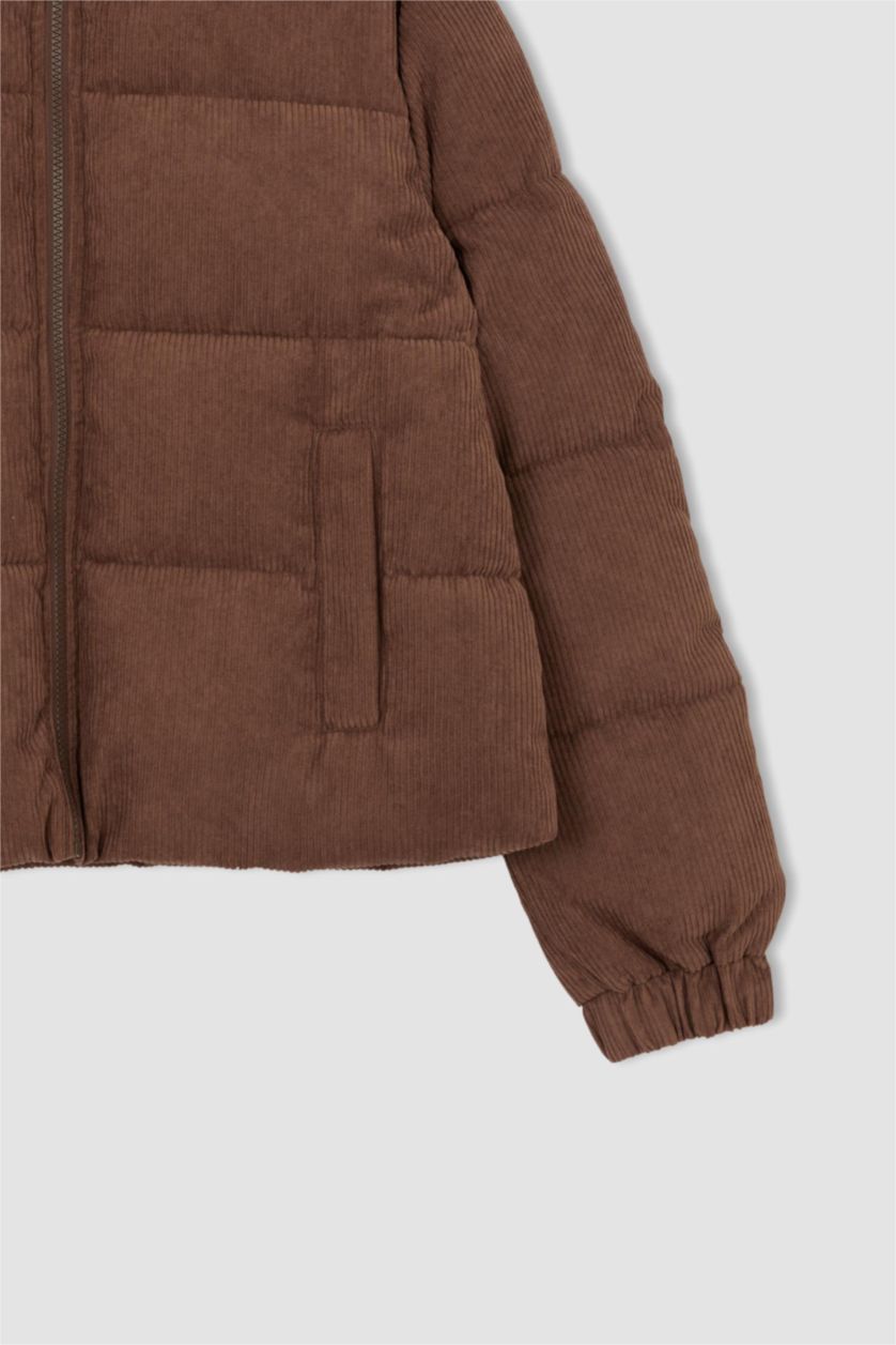 Woman Brown Relax Fit Velvet Puffer Jacket