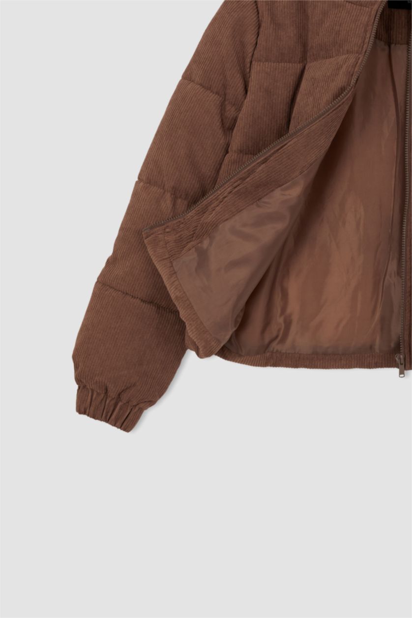 Woman Brown Relax Fit Velvet Puffer Jacket