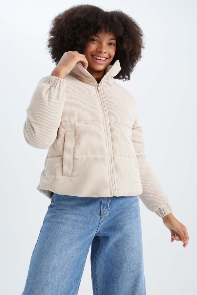 Kadın Ekru Relax Fit Fitilli Kadife Puffer Şişme Mont
