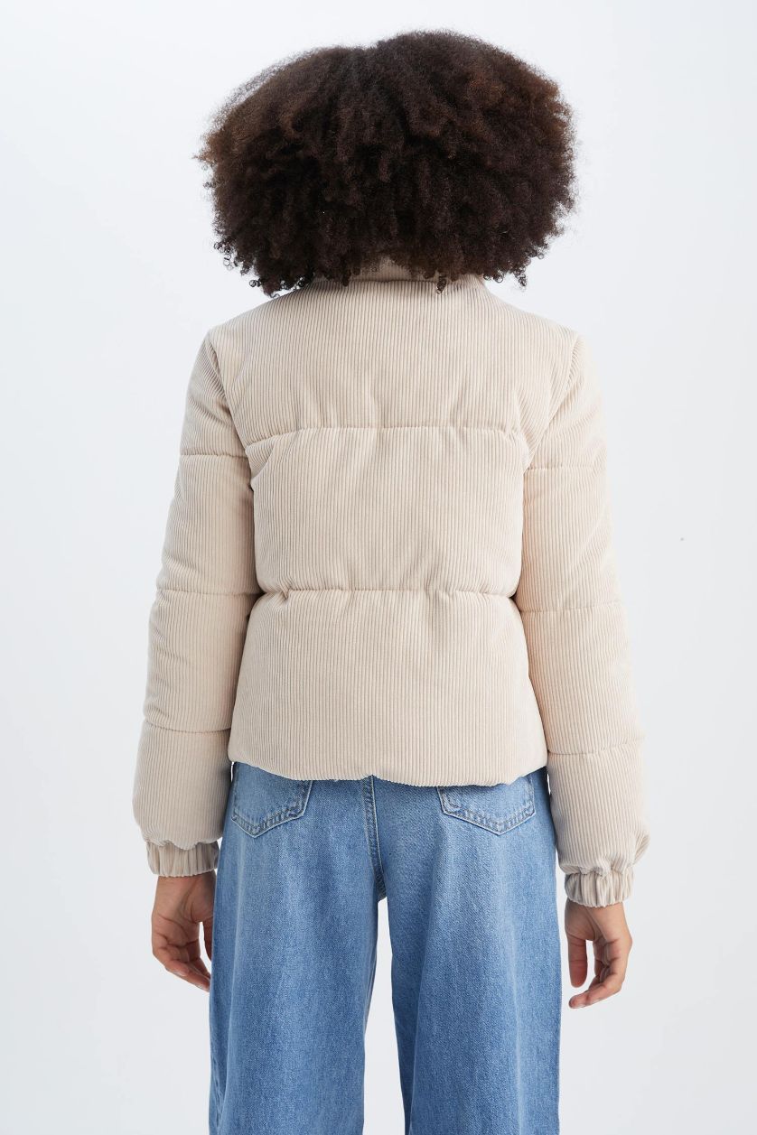 Kadın Ekru Relax Fit Fitilli Kadife Puffer Şişme Mont