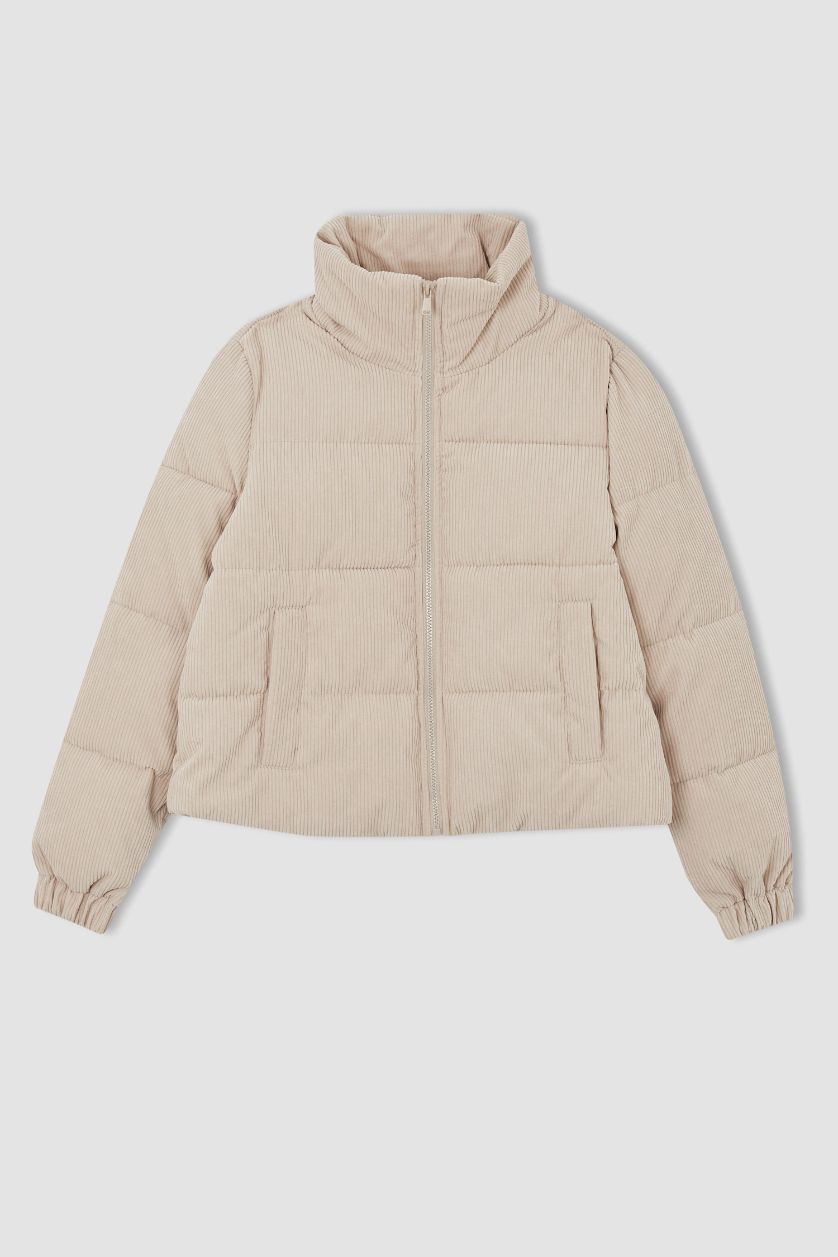 Kadın Ekru Relax Fit Fitilli Kadife Puffer Şişme Mont