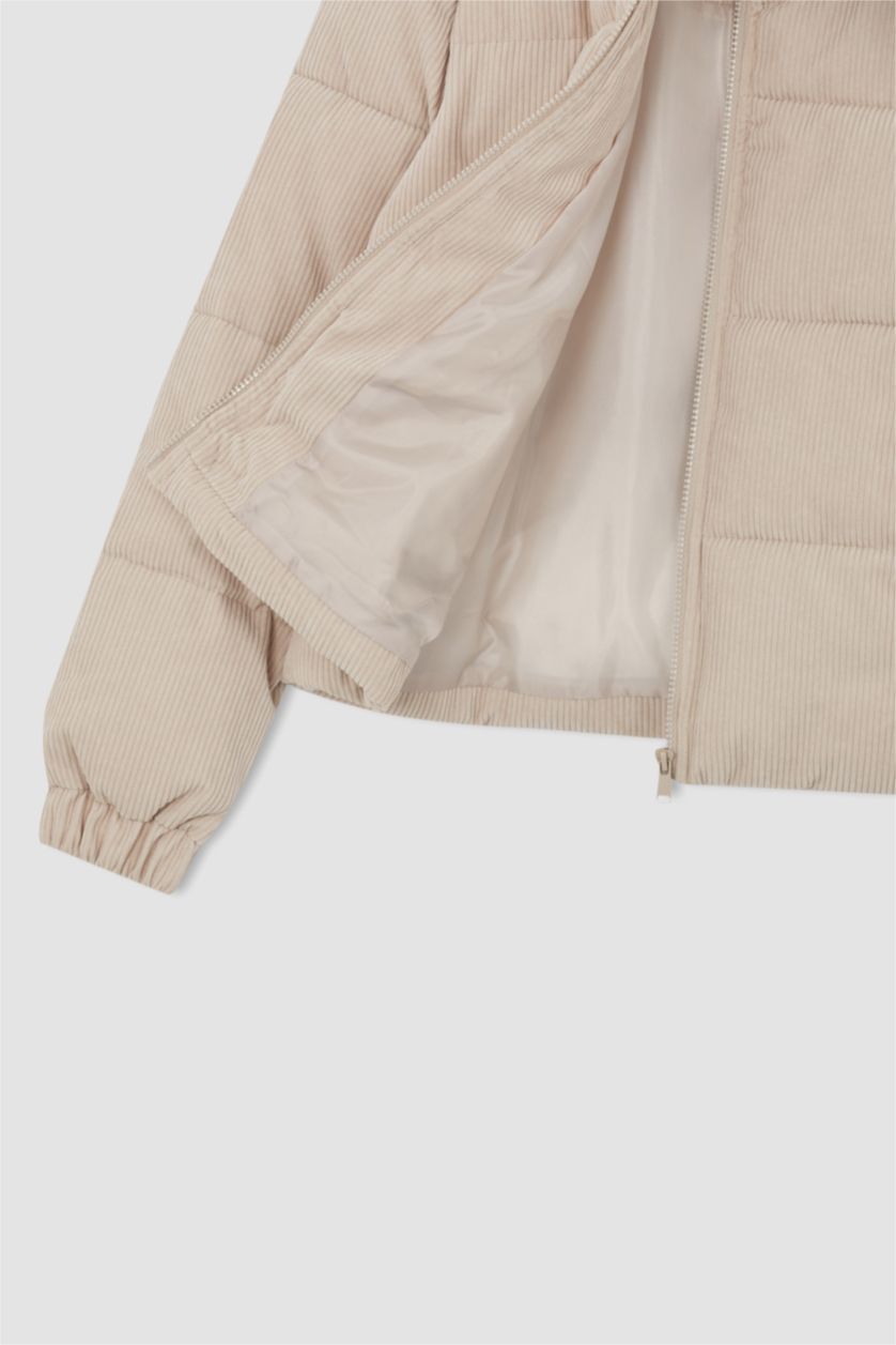 Kadın Ekru Relax Fit Fitilli Kadife Puffer Şişme Mont