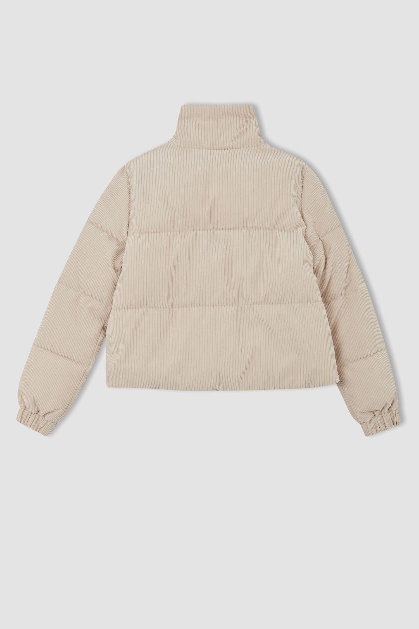 Kadın Ekru Relax Fit Fitilli Kadife Puffer Şişme Mont