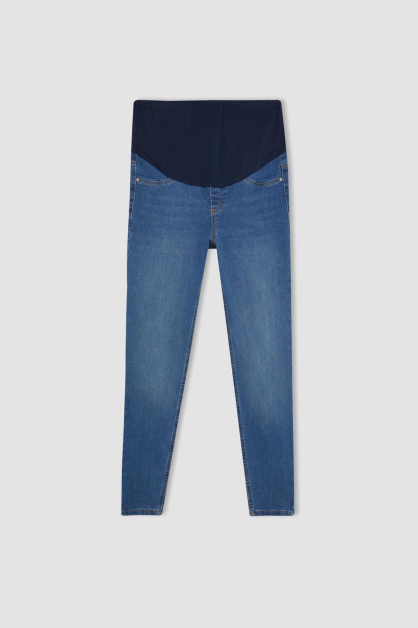 نساء نيلي بنطلون حمل جينز سكيني فيت بخصر عالي وتفاصيل ممزقة