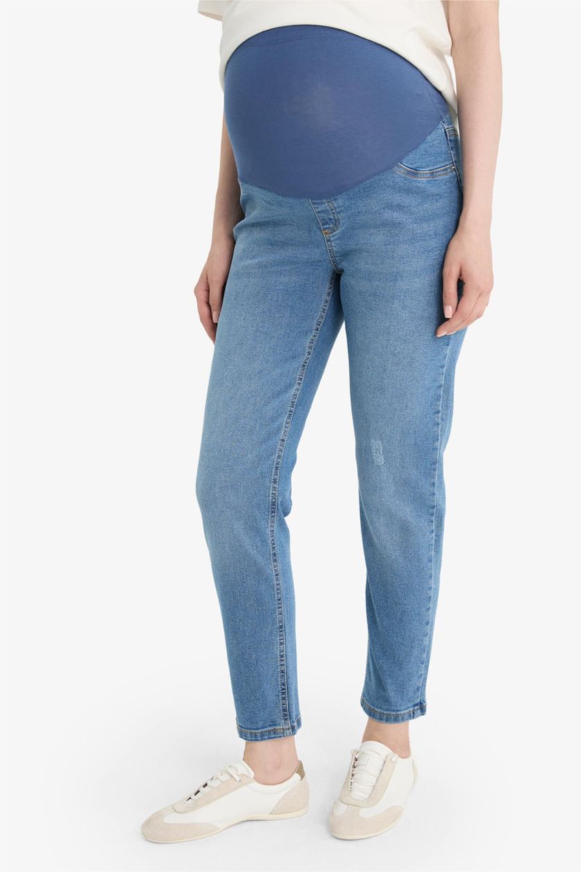 Kadın İndigo Boyfriend Yüksek Bel Yırtık Detaylı Hamile Jean Pantolonu