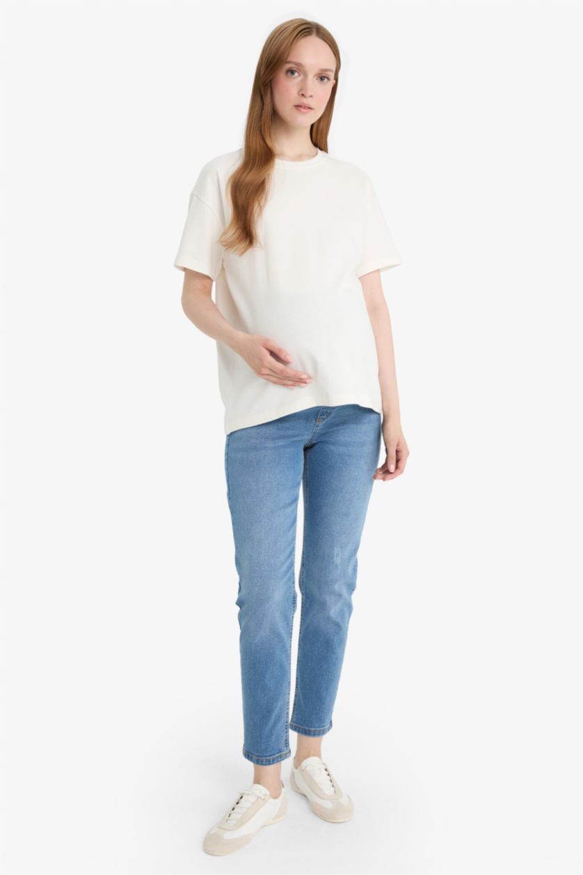 Kadın İndigo Boyfriend Yüksek Bel Yırtık Detaylı Hamile Jean Pantolonu