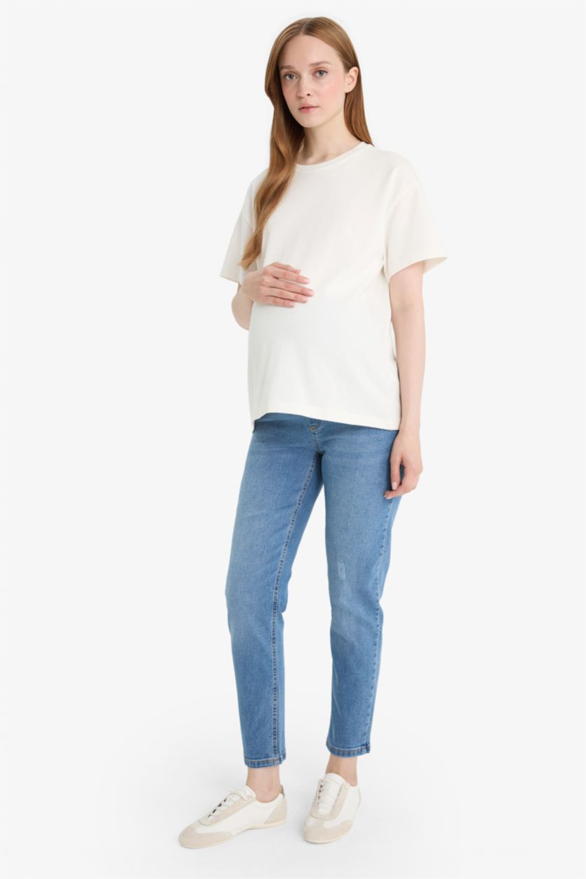 Kadın İndigo Boyfriend Yüksek Bel Yırtık Detaylı Hamile Jean Pantolonu