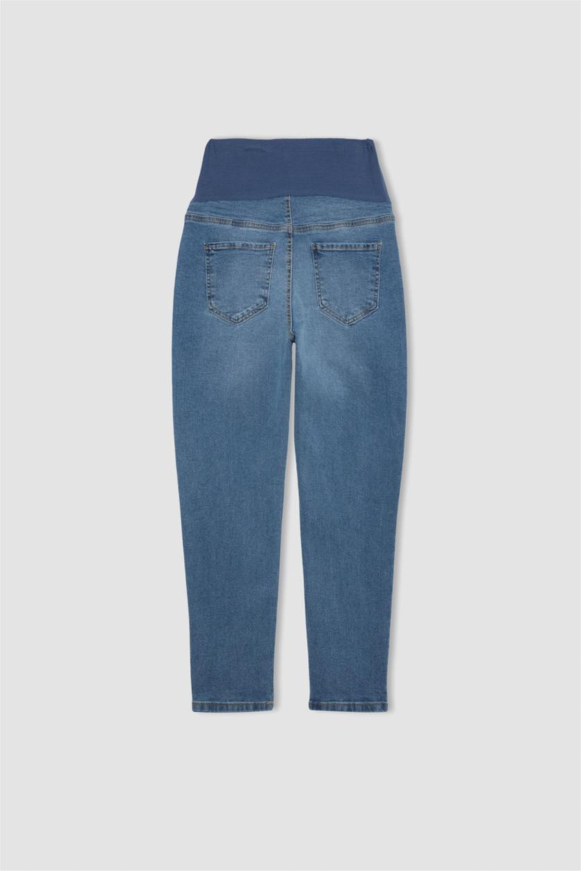 Kadın İndigo Boyfriend Yüksek Bel Yırtık Detaylı Hamile Jean Pantolonu