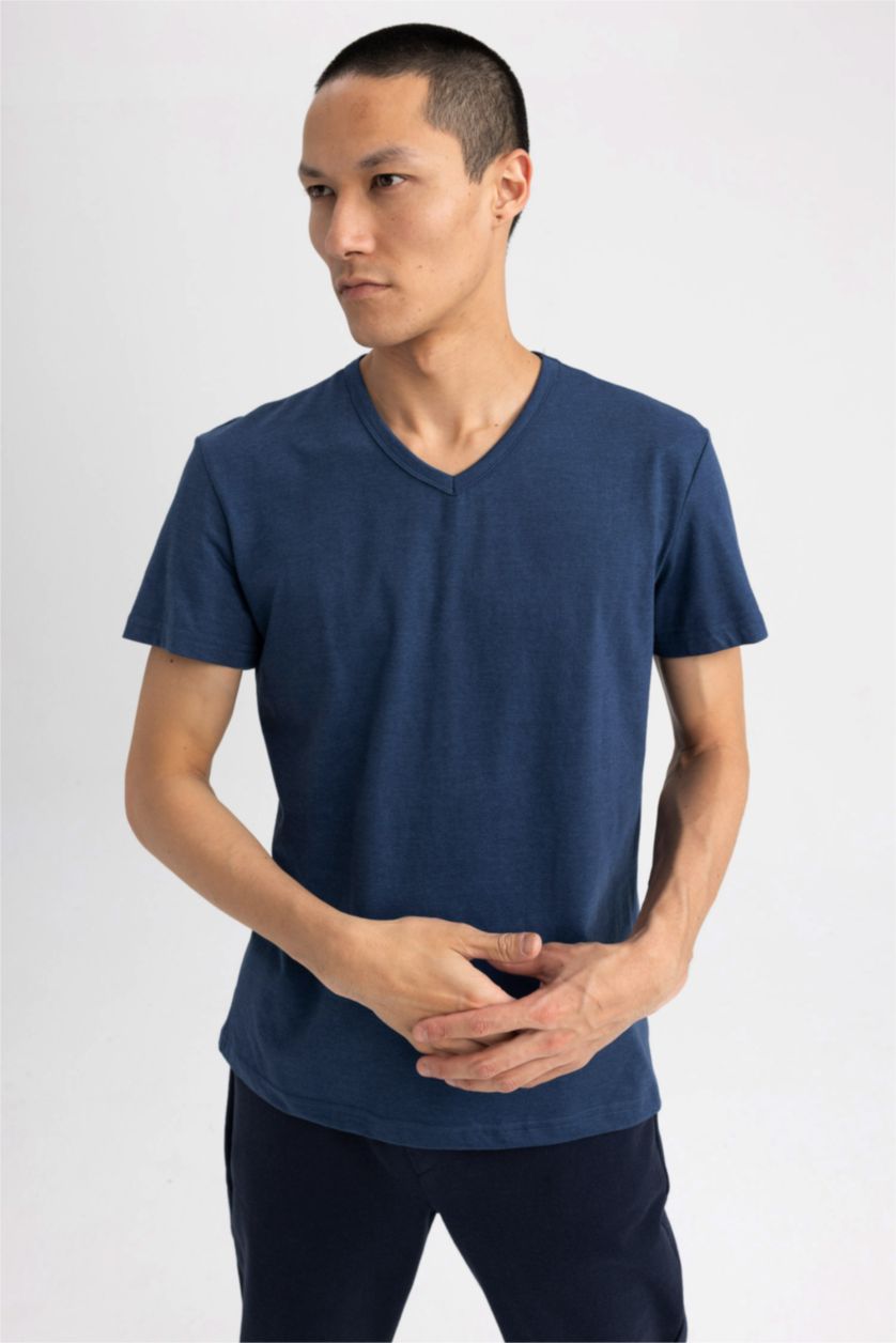 Erkek Lacivert Melanj Slim Fit V Yaka Kısa Kollu Fanila