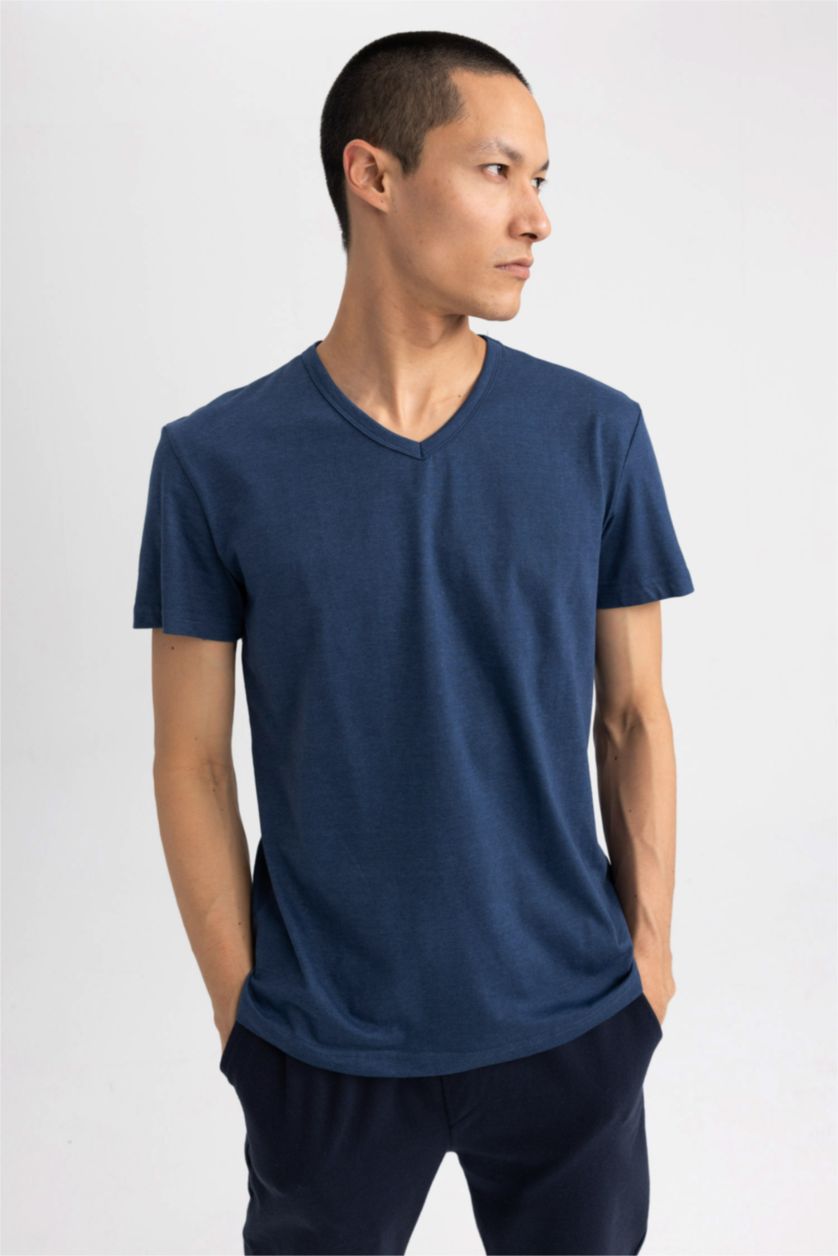 Erkek Lacivert Melanj Slim Fit V Yaka Kısa Kollu Fanila