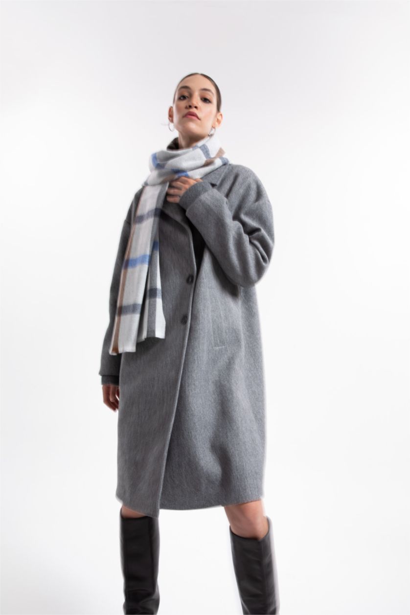 Kadın Antrasit Oversize Geniş Kalıp Kruvaze Yaka Düğme Kapamalı Cepli Uzun Kaşe Kaban