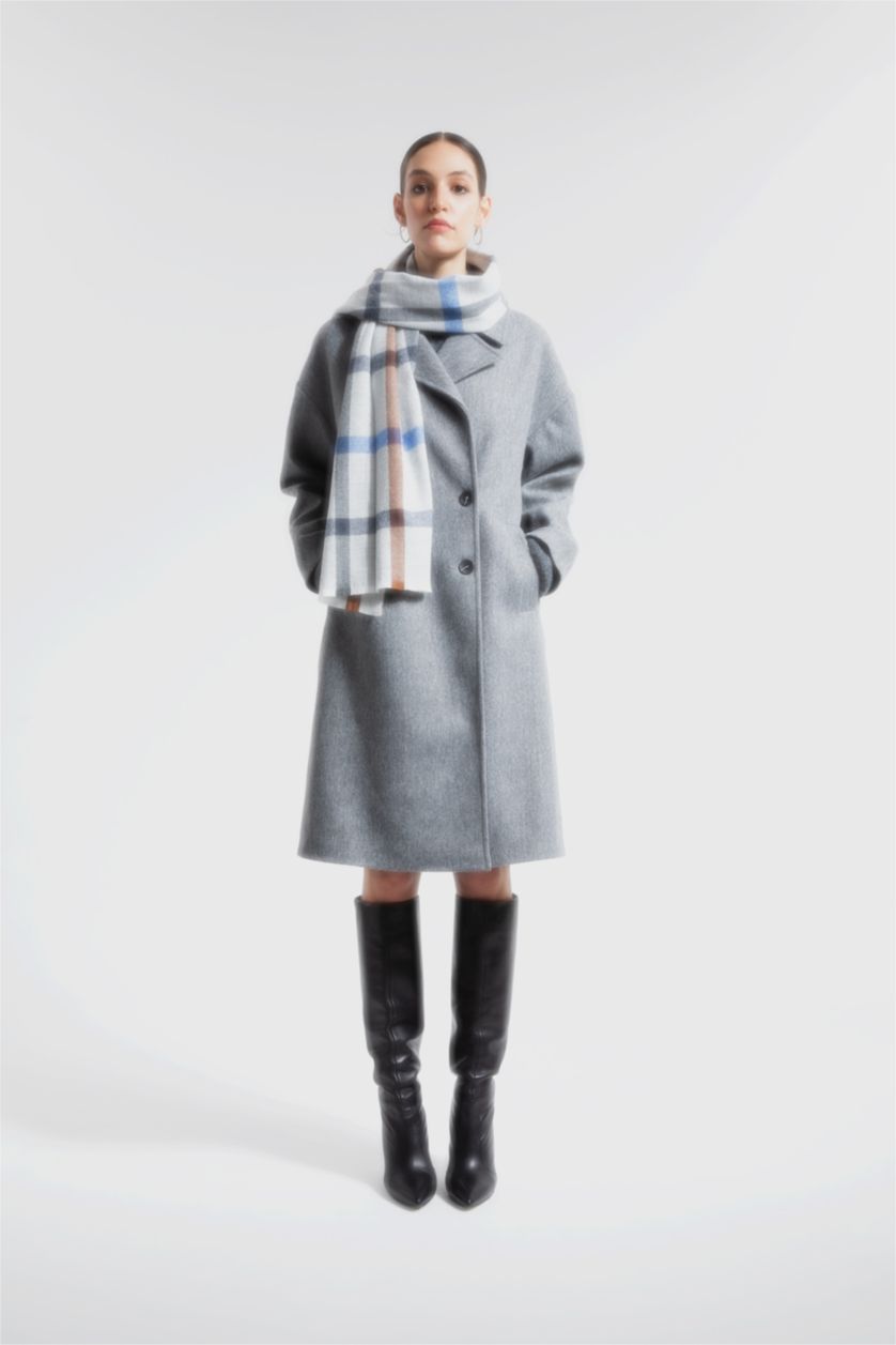 Kadın Antrasit Oversize Geniş Kalıp Kruvaze Yaka Düğme Kapamalı Cepli Uzun Kaşe Kaban