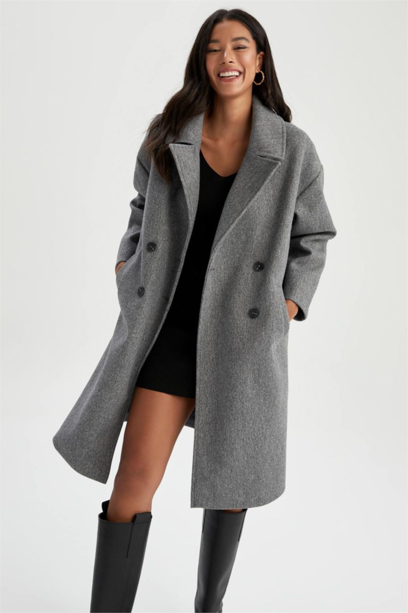 Kadın Antrasit Oversize Geniş Kalıp Kruvaze Yaka Düğme Kapamalı Cepli Uzun Kaşe Kaban