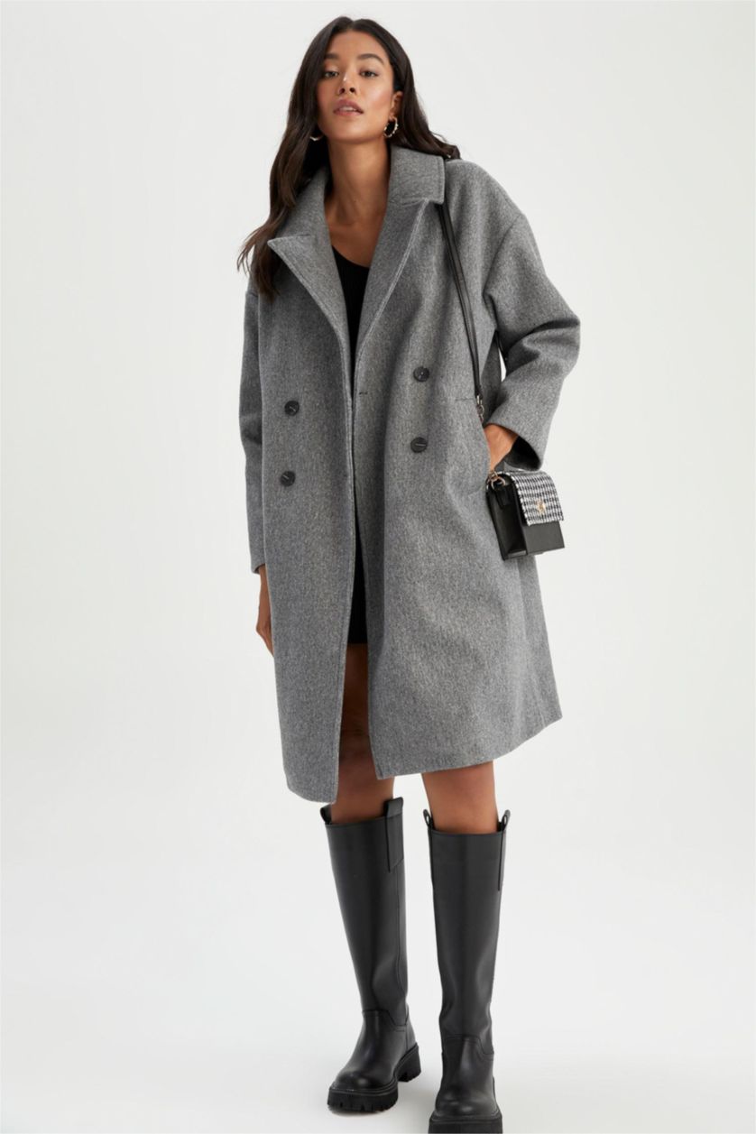 Kadın Antrasit Oversize Geniş Kalıp Kruvaze Yaka Düğme Kapamalı Cepli Uzun Kaşe Kaban