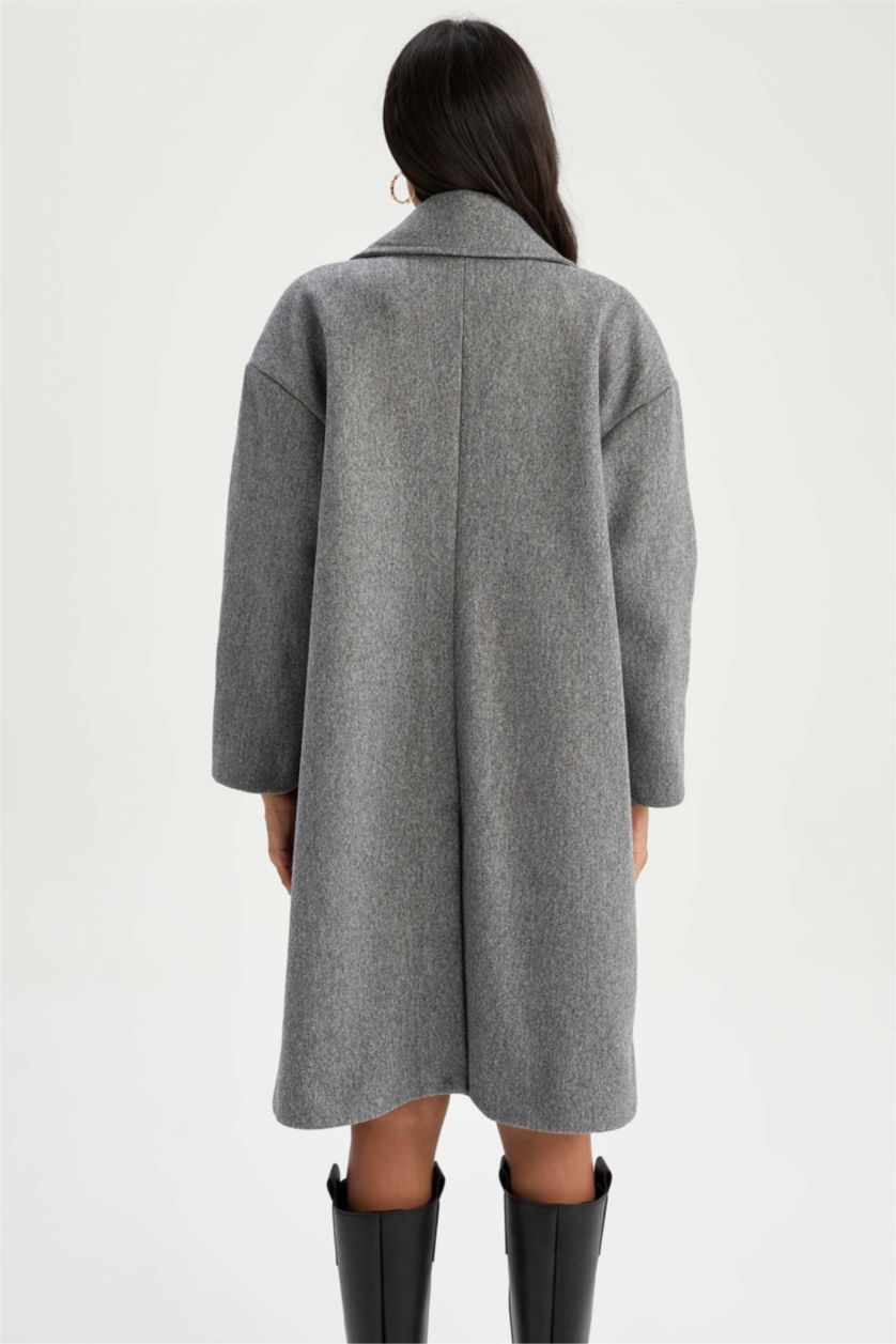 Kadın Antrasit Oversize Geniş Kalıp Kruvaze Yaka Düğme Kapamalı Cepli Uzun Kaşe Kaban