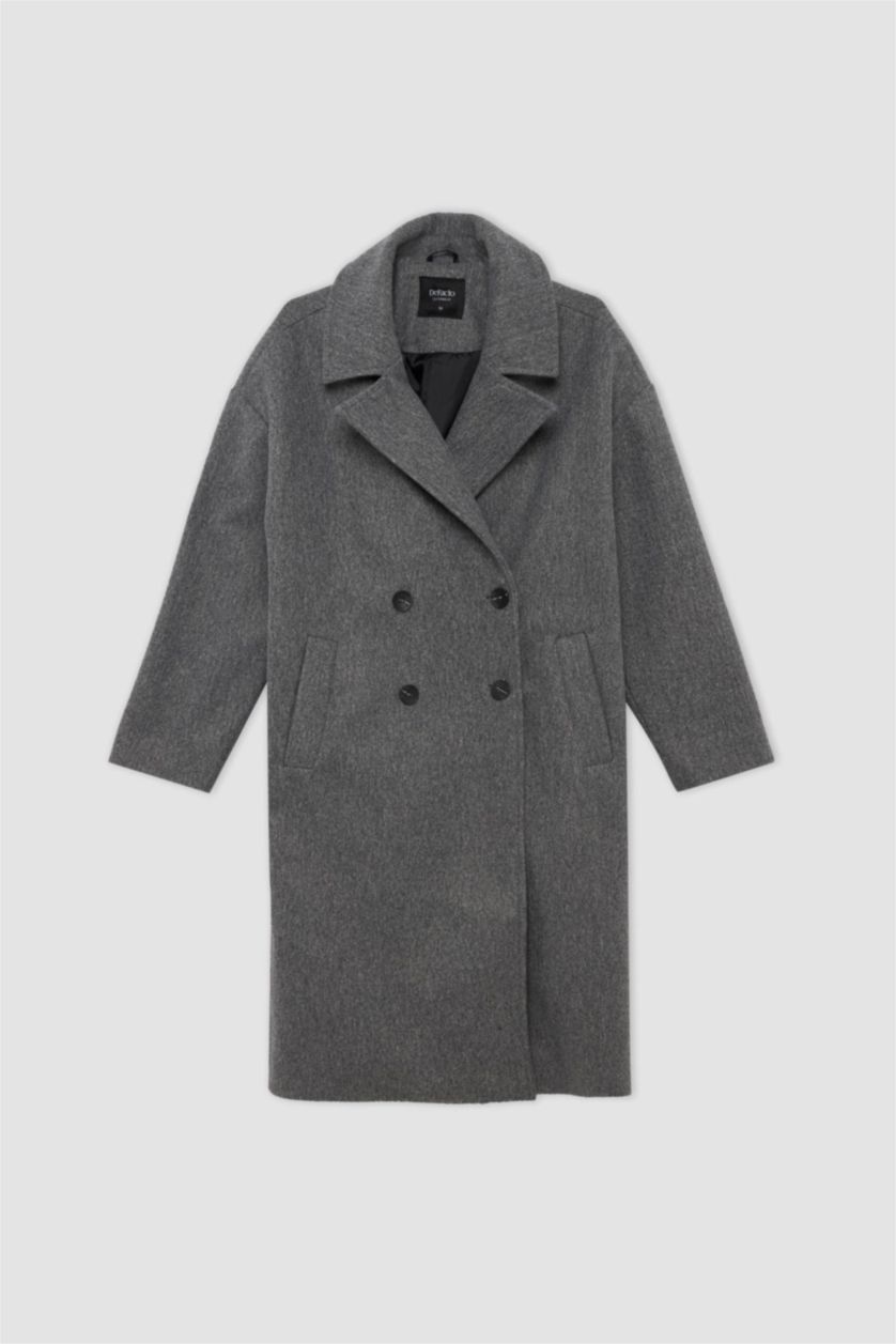 Kadın Antrasit Oversize Geniş Kalıp Kruvaze Yaka Düğme Kapamalı Cepli Uzun Kaşe Kaban